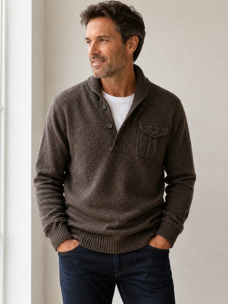J.Crew Medium Men's Brown 100% Lambswool Mock Neck Sweater With Chest Pocket